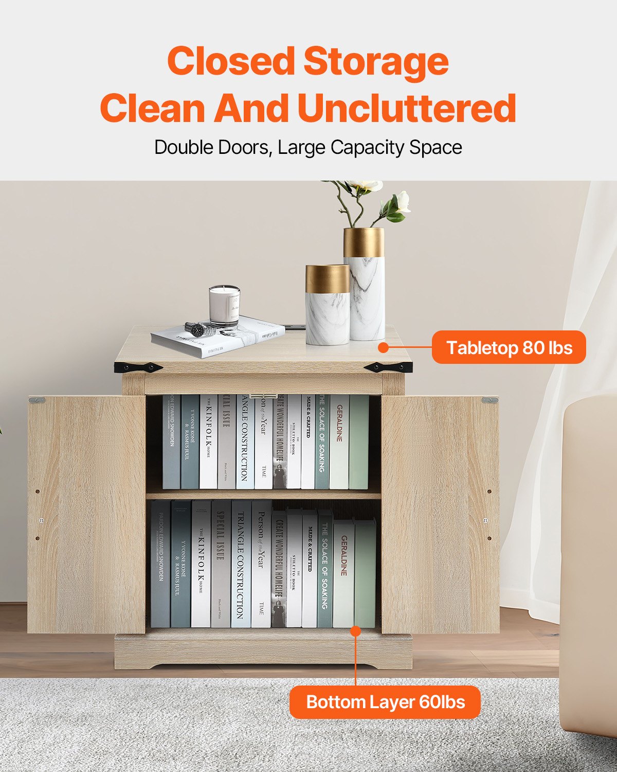 Farmhouse End Table, Rectangle PE Rattan Woven Wood Coffee Table, 24-Inch Modern Boho Style Storage Coffee Table with Retro Metal Hinges, for Living Room, Bedroom & Small Spaces