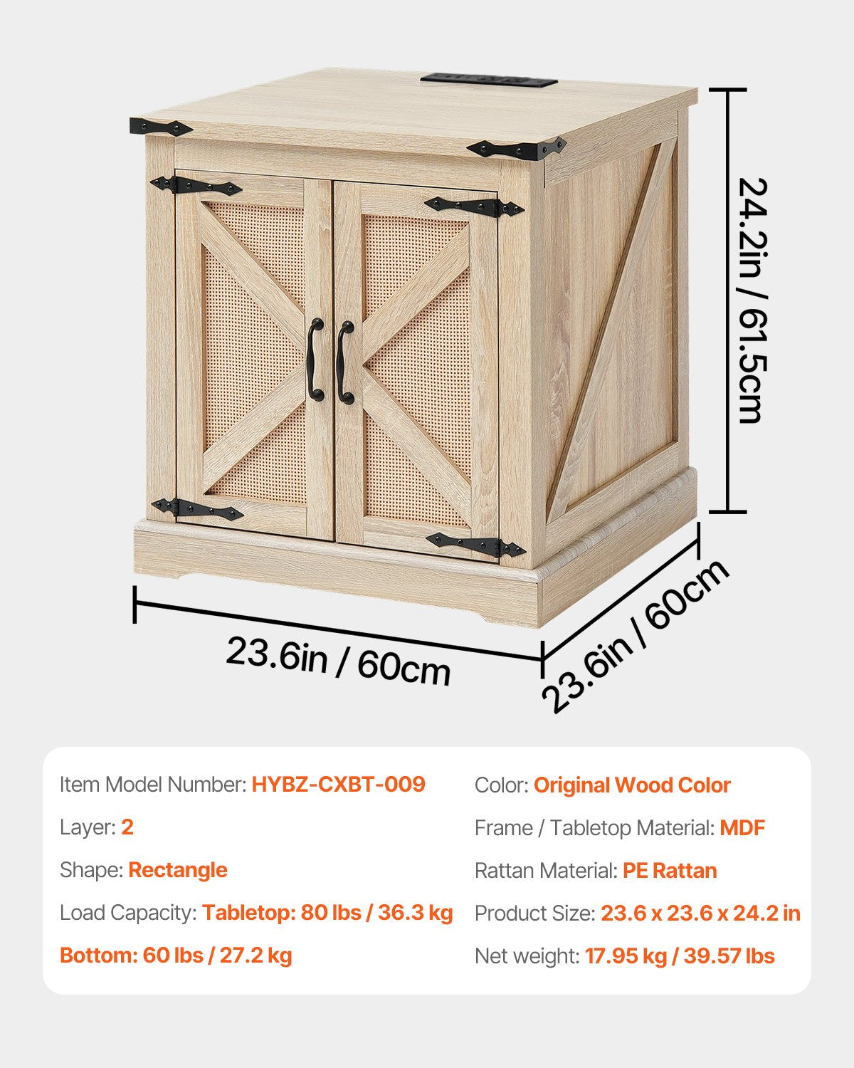 Farmhouse End Table, Rectangle PE Rattan Woven Wood Coffee Table, 24-Inch Modern Boho Style Storage Coffee Table with Retro Metal Hinges, for Living Room, Bedroom & Small Spaces