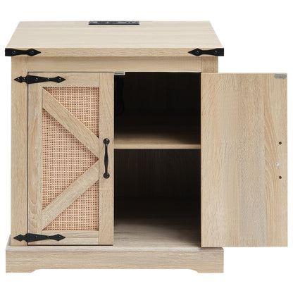 Farmhouse End Table, Rectangle PE Rattan Woven Wood Coffee Table, 24-Inch Modern Boho Style Storage Coffee Table with Retro Metal Hinges, for Living Room, Bedroom & Small Spaces