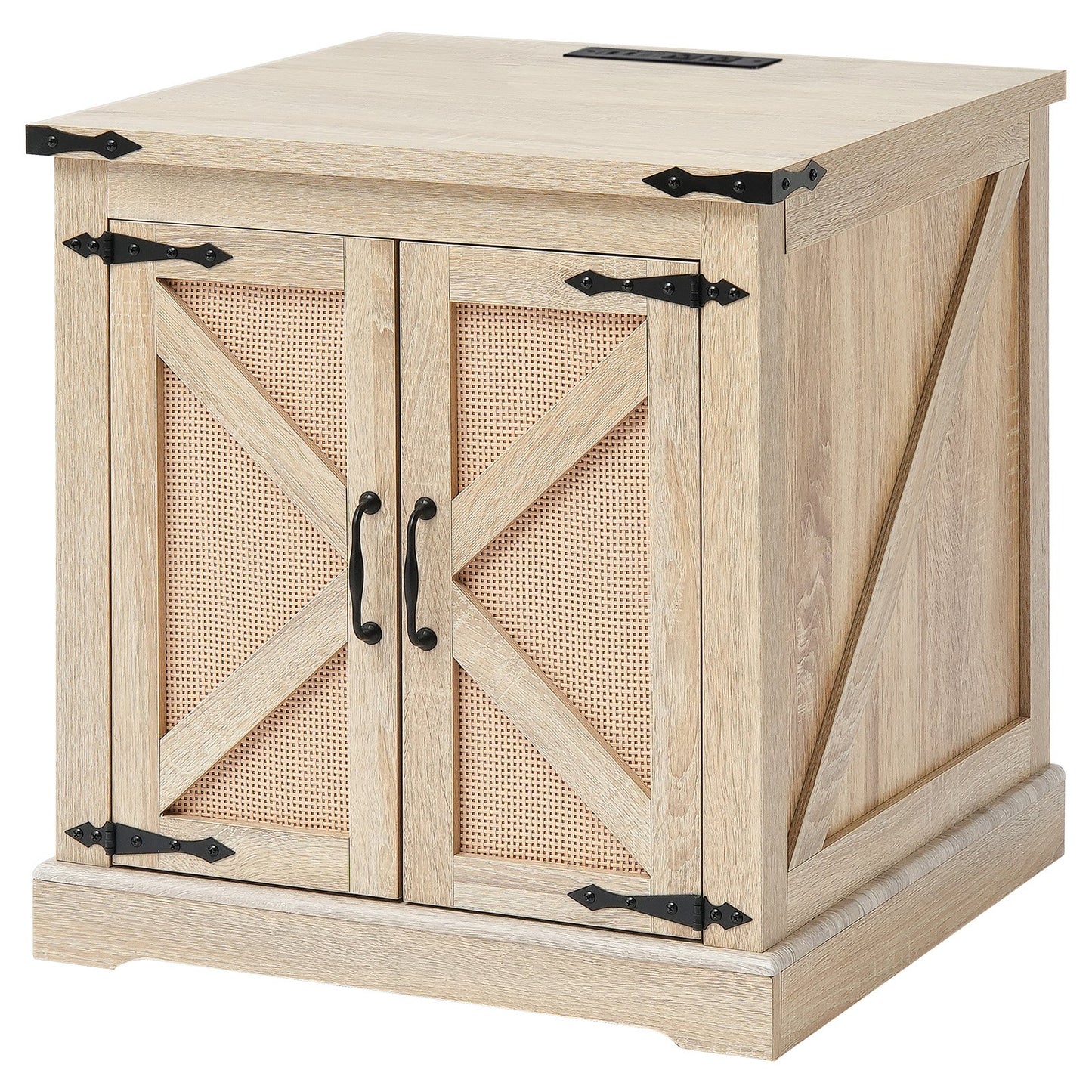 Farmhouse End Table, Rectangle PE Rattan Woven Wood Coffee Table, 24-Inch Modern Boho Style Storage Coffee Table with Retro Metal Hinges, for Living Room, Bedroom & Small Spaces