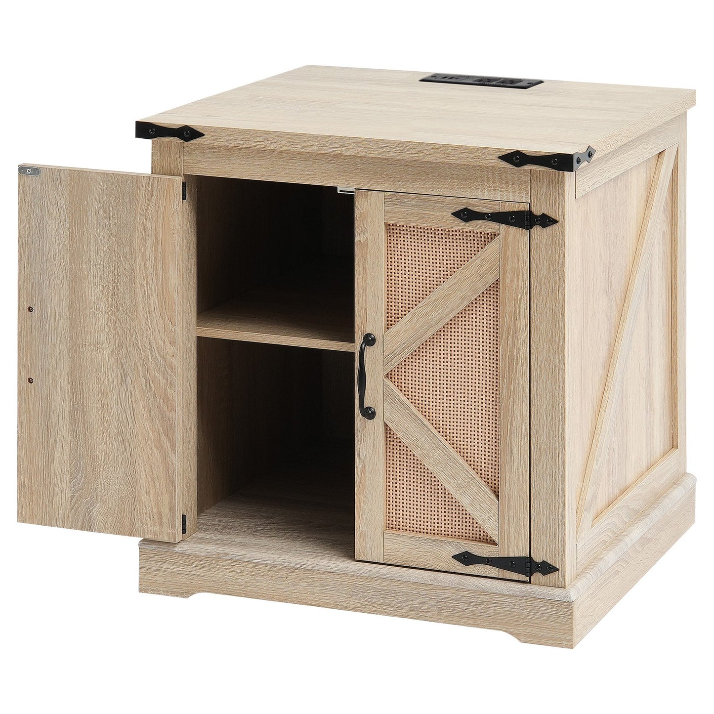 Farmhouse End Table, Rectangle PE Rattan Woven Wood Coffee Table, 24-Inch Modern Boho Style Storage Coffee Table with Retro Metal Hinges, for Living Room, Bedroom & Small Spaces