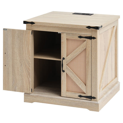 Farmhouse End Table, Rectangle PE Rattan Woven Wood Coffee Table, 24-Inch Modern Boho Style Storage Coffee Table with Retro Metal Hinges, for Living Room, Bedroom & Small Spaces