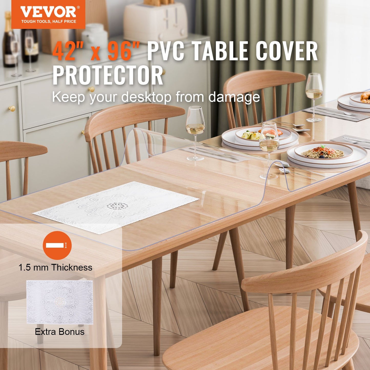 Plastic Table Cover, 42 x 96 Inch 1.5 mm Thick Clear Table Protector, Rectangle PVC Desk Mat, Waterproof & Easy Cleaning Desk Pad Tablecloth, for Office Dresser Dining Room Table Night Stand