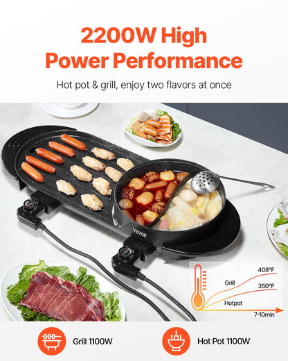 Hot Pot mit Grillfunktion, 2200 W 2-in-1 Elektrogrill und Hot Pot ohne Rauch, Koreanischer BBQ Shabu Shabu Hot Pot mit separater Temperaturregelung, Antihaftbeschichtung, für 1-6 Personen