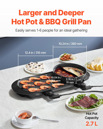 Hot Pot mit Grillfunktion, 2200 W 2-in-1 Elektrogrill und Hot Pot ohne Rauch, Koreanischer BBQ Shabu Shabu Hot Pot mit separater Temperaturregelung, Antihaftbeschichtung, für 1-6 Personen