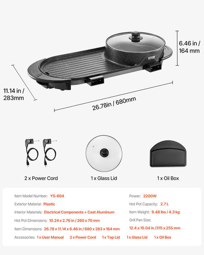 Hot Pot mit Grillfunktion, 2200 W 2-in-1 Elektrogrill und Hot Pot ohne Rauch, Koreanischer BBQ Shabu Shabu Hot Pot mit separater Temperaturregelung, Antihaftbeschichtung, für 1-6 Personen