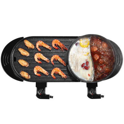 Hot Pot mit Grillfunktion, 2200 W 2-in-1 Elektrogrill und Hot Pot ohne Rauch, Koreanischer BBQ Shabu Shabu Hot Pot mit separater Temperaturregelung, Antihaftbeschichtung, für 1-6 Personen