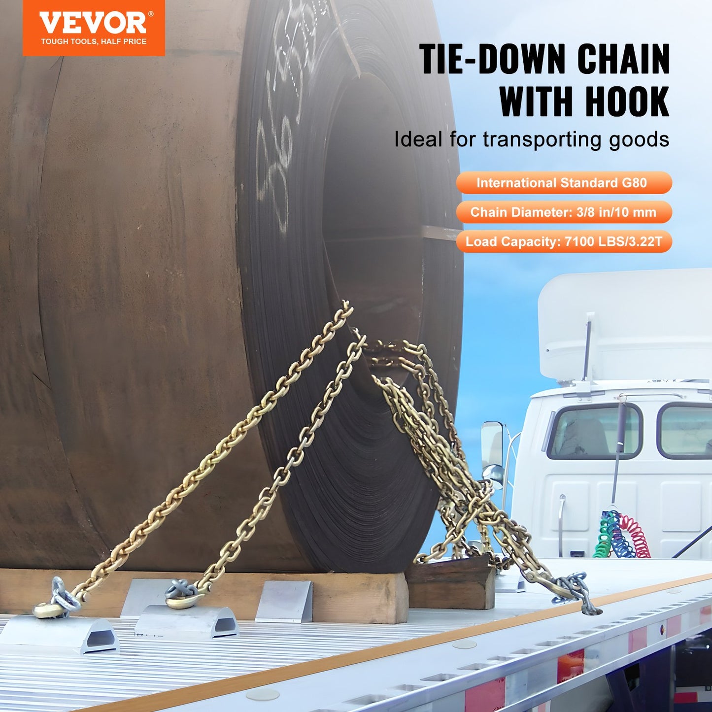 G80 Transport Binder Chain, 3/8" x 10.3' Tow Chain with Clevis Grab Hooks, 7100 lbs Safe Working Load, Heavy Duty Trailer Logging Chain for Transporting Towing Truck Tie Down Binding Equipment