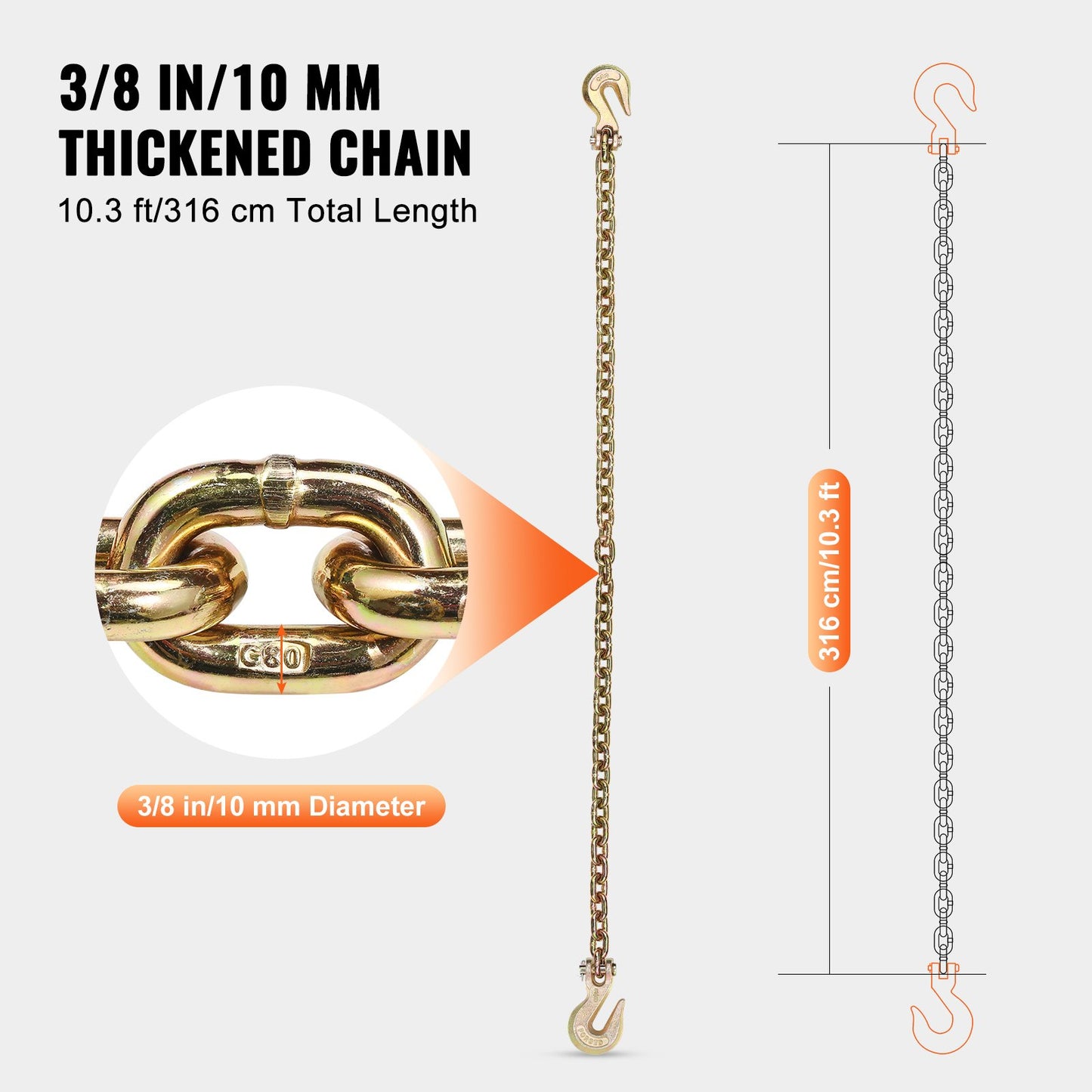G80 Transport Binder Chain, 3/8" x 10.3' Tow Chain with Clevis Grab Hooks, 7100 lbs Safe Working Load, Heavy Duty Trailer Logging Chain for Transporting Towing Truck Tie Down Binding Equipment
