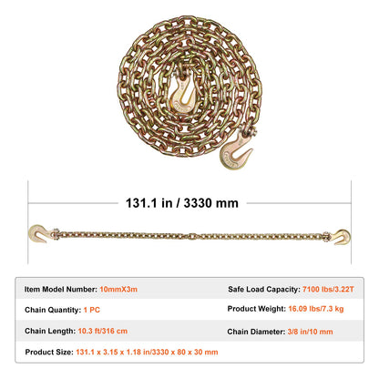 G80 Transport Binder Chain, 3/8" x 10.3' Tow Chain with Clevis Grab Hooks, 7100 lbs Safe Working Load, Heavy Duty Trailer Logging Chain for Transporting Towing Truck Tie Down Binding Equipment