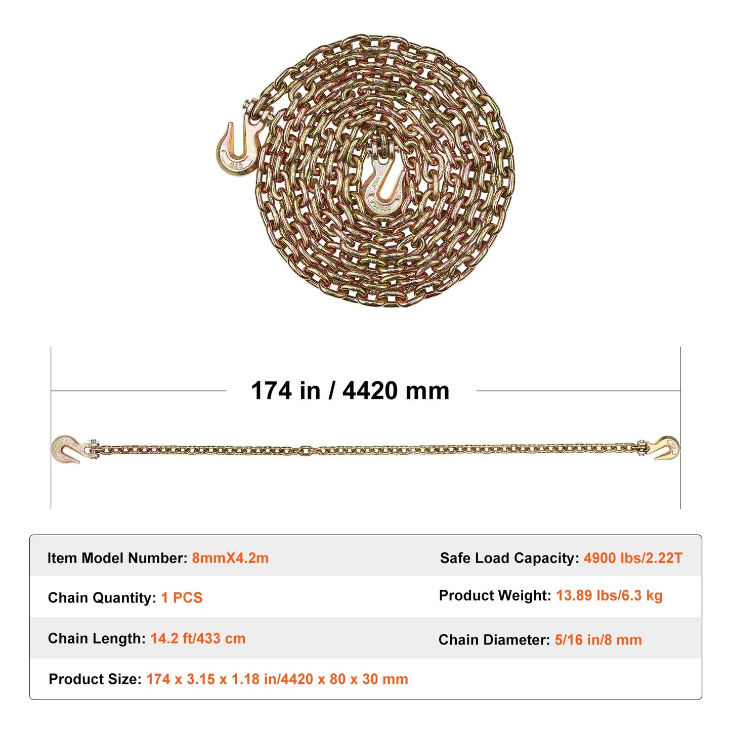 G80 Transport-Zurrkette, 5/16" x 14,2' Abschleppkette mit Schäkelhaken, 4900 lbs sichere Arbeitslast, Hochleistungs-Anhängerkette für den Transport von Abschleppwagen-Zurrausrüstung