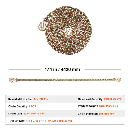 G80 Transport-Zurrkette, 5/16" x 14,2' Abschleppkette mit Schäkelhaken, 4900 lbs sichere Arbeitslast, Hochleistungs-Anhängerkette für den Transport von Abschleppwagen-Zurrausrüstung