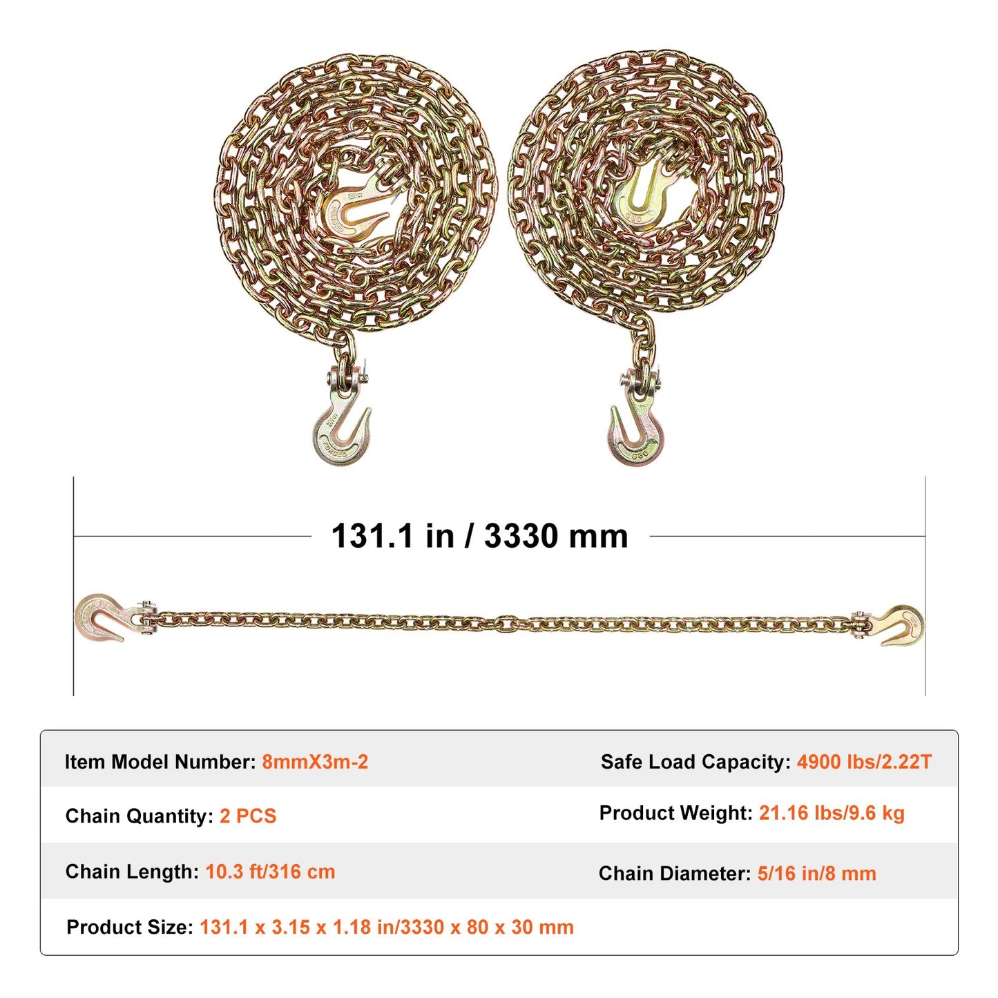 G80 Transport Binder Chain, 5/16" x 10.3' 2-Pack Tow Chain with Clevis Grab Hooks, 4900 lbs Safe Working Load, Heavy Duty Logging Chain for Transporting Towing Truck Tie Down Binding Equipment