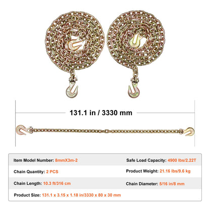 G80 Transport Binder Chain, 5/16" x 10.3' 2-Pack Tow Chain with Clevis Grab Hooks, 4900 lbs Safe Working Load, Heavy Duty Logging Chain for Transporting Towing Truck Tie Down Binding Equipment