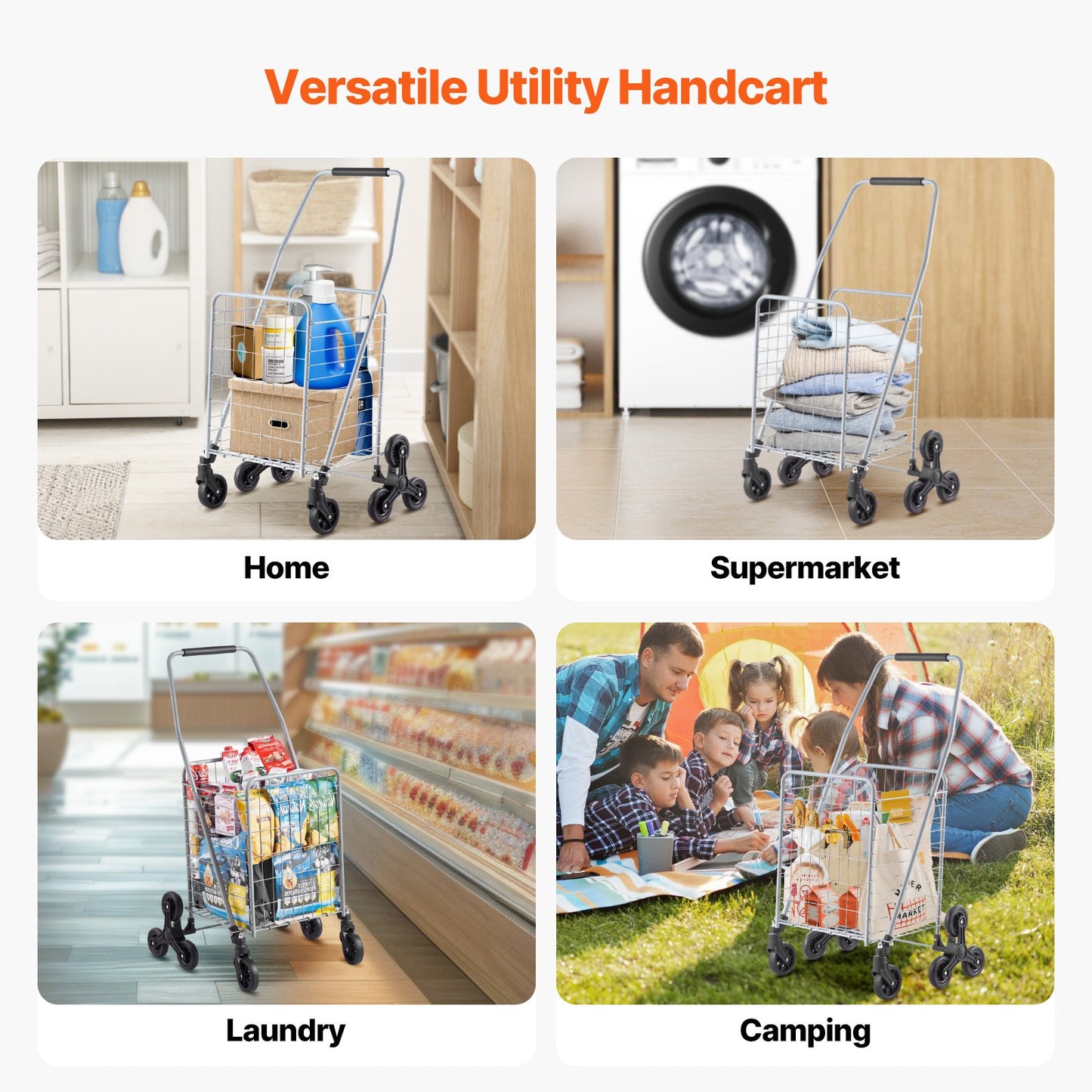 Einkaufswagen, 45 l, Treppensteiger-Einkaufswagen mit 360°-Drehrollen, Treppensteiger-Transportwagen mit Dreiradantrieb, faltbar, zusammenklappbar und leicht – ideal für Wäschetransport und Reisen, Silber