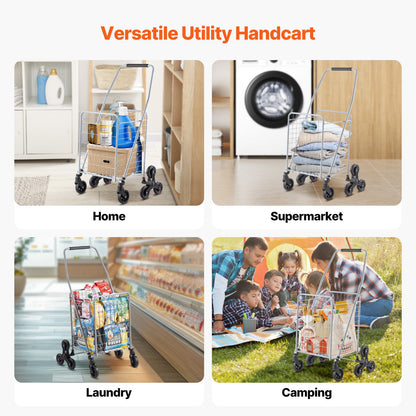 Einkaufswagen, 45 l, Treppensteiger-Einkaufswagen mit 360°-Drehrollen, Treppensteiger-Transportwagen mit Dreiradantrieb, faltbar, zusammenklappbar und leicht – ideal für Wäschetransport und Reisen, Silber