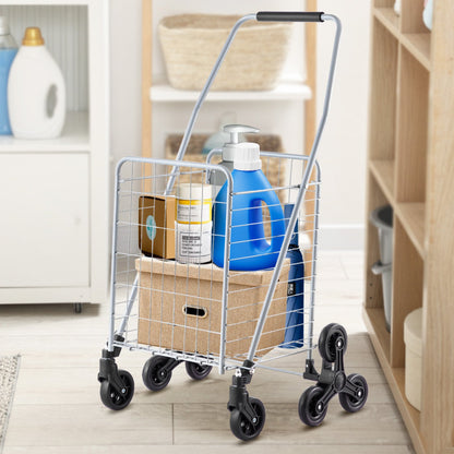 Einkaufswagen, 45 l, Treppensteiger-Einkaufswagen mit 360°-Drehrollen, Treppensteiger-Transportwagen mit Dreiradantrieb, faltbar, zusammenklappbar und leicht – ideal für Wäschetransport und Reisen, Silber