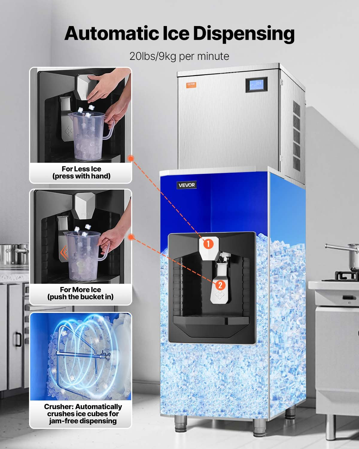 Commercial Ice Maker, 440 Lbs/Day Ice Maker Machine, 180 Lbs Large Ice Storage Bin with 20 Lbs/Min Automatic Ice Dispensing, Self-Cleaning Ice Machine with Touchscreen for Bar, Cafe, Restaurant
