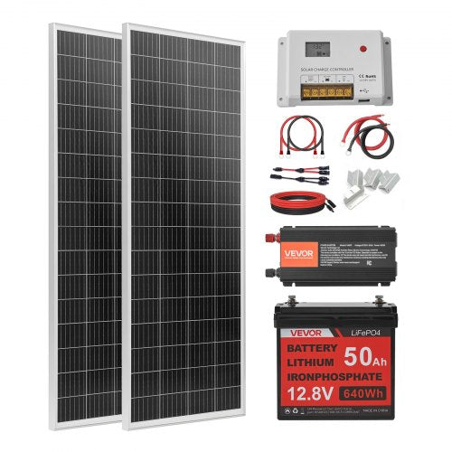 VVEVOR 200W 12V Komplettes Solarstrom-Set, 2 Stück 100W monokristalline Solarmodule + 12,8V 50Ah LiFePO₄-Akku + 40A Laderegler + 800W Wechselrichter, ideal für Wohnmobil, Haus, Camping, Boot und netzunabhängige Systeme