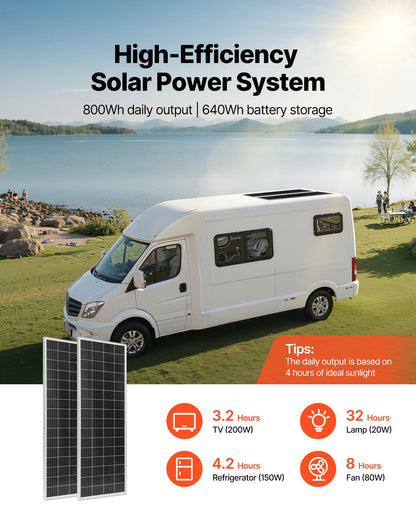 VVEVOR 200W 12V Komplettes Solarstrom-Set, 2 Stück 100W monokristalline Solarmodule + 12,8V 50Ah LiFePO₄-Akku + 40A Laderegler + 800W Wechselrichter, ideal für Wohnmobil, Haus, Camping, Boot und netzunabhängige Systeme