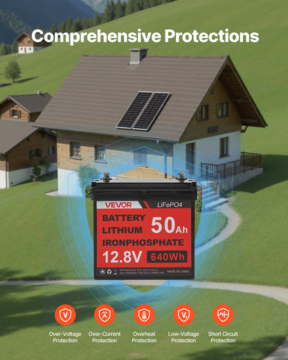 VVEVOR 200W 12V Komplettes Solarstrom-Set, 2 Stück 100W monokristalline Solarmodule + 12,8V 50Ah LiFePO₄-Akku + 40A Laderegler + 800W Wechselrichter, ideal für Wohnmobil, Haus, Camping, Boot und netzunabhängige Systeme