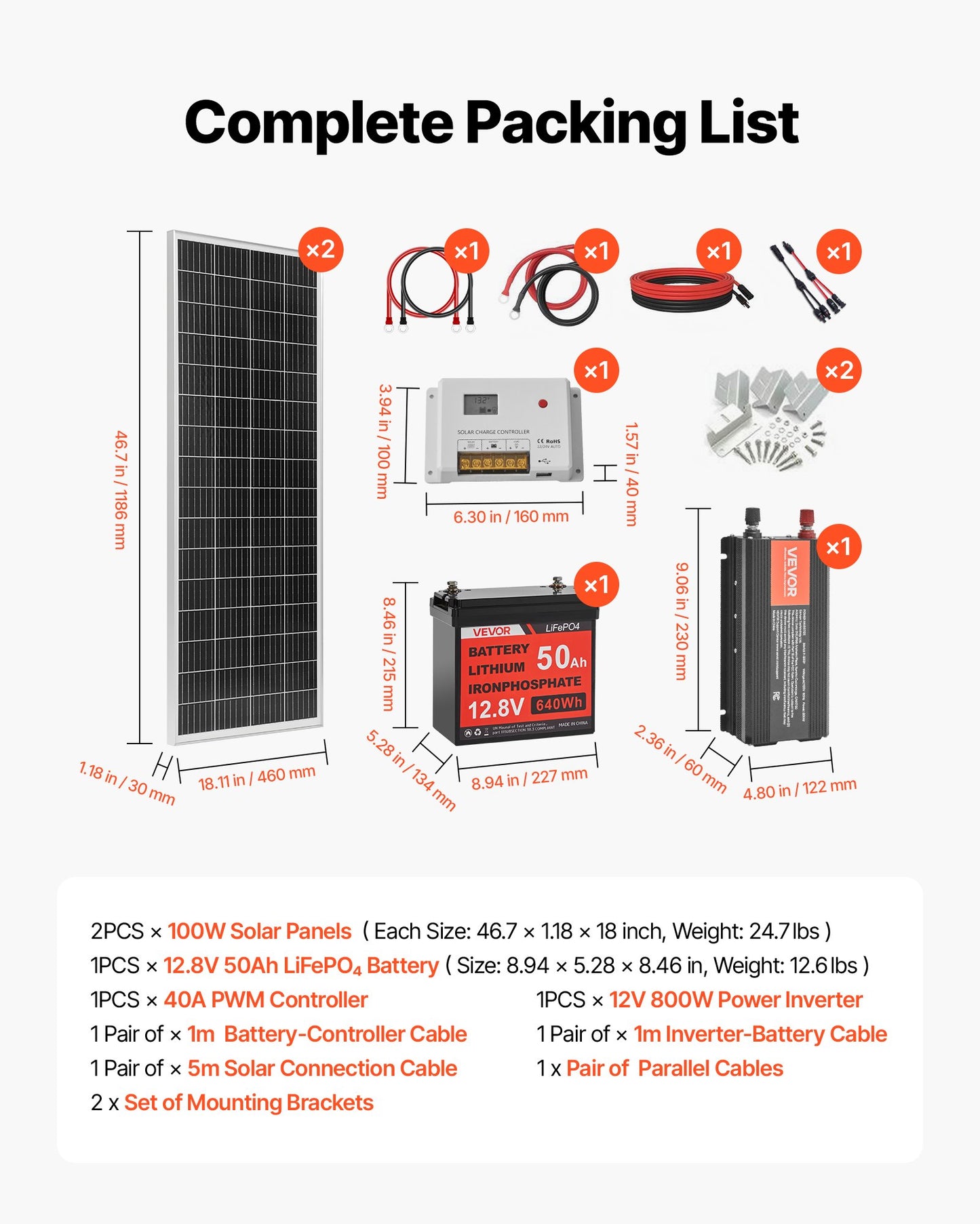 VVEVOR 200W 12V Komplettes Solarstrom-Set, 2 Stück 100W monokristalline Solarmodule + 12,8V 50Ah LiFePO₄-Akku + 40A Laderegler + 800W Wechselrichter, ideal für Wohnmobil, Haus, Camping, Boot und netzunabhängige Systeme