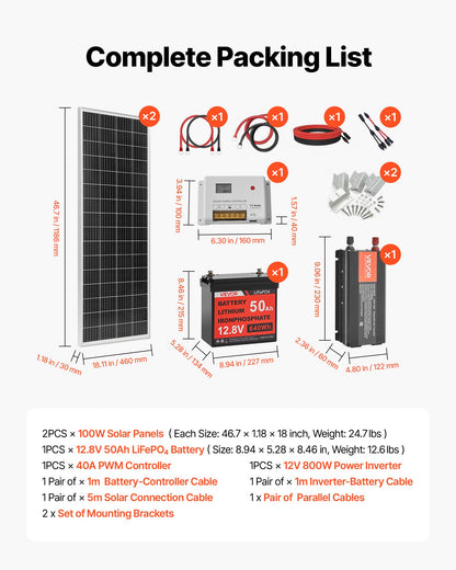 VVEVOR 200W 12V Komplettes Solarstrom-Set, 2 Stück 100W monokristalline Solarmodule + 12,8V 50Ah LiFePO₄-Akku + 40A Laderegler + 800W Wechselrichter, ideal für Wohnmobil, Haus, Camping, Boot und netzunabhängige Systeme