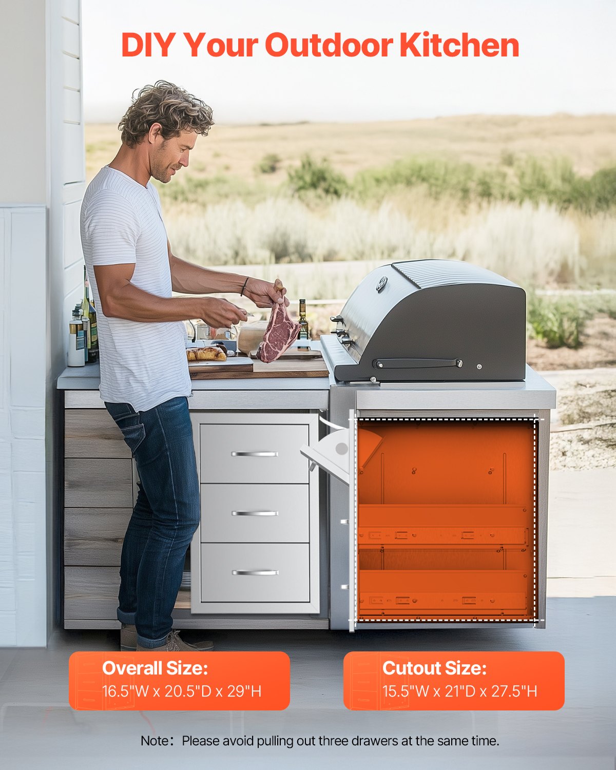Schubladen für die Außenküche, 42 cm B x 74 cm H x 52 cm T, dreifach zugängliche Schubladen, flächenbündig eingebaute Edelstahlschränke, Schubladenaufbewahrung für Grillinseln mit Papierhandtuchhalter und Griff, für die Grillstation auf der Terrasse