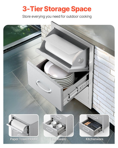 Schubladen für die Außenküche, 42 cm B x 74 cm H x 52 cm T, dreifach zugängliche Schubladen, flächenbündig eingebaute Edelstahlschränke, Schubladenaufbewahrung für Grillinseln mit Papierhandtuchhalter und Griff, für die Grillstation auf der Terrasse