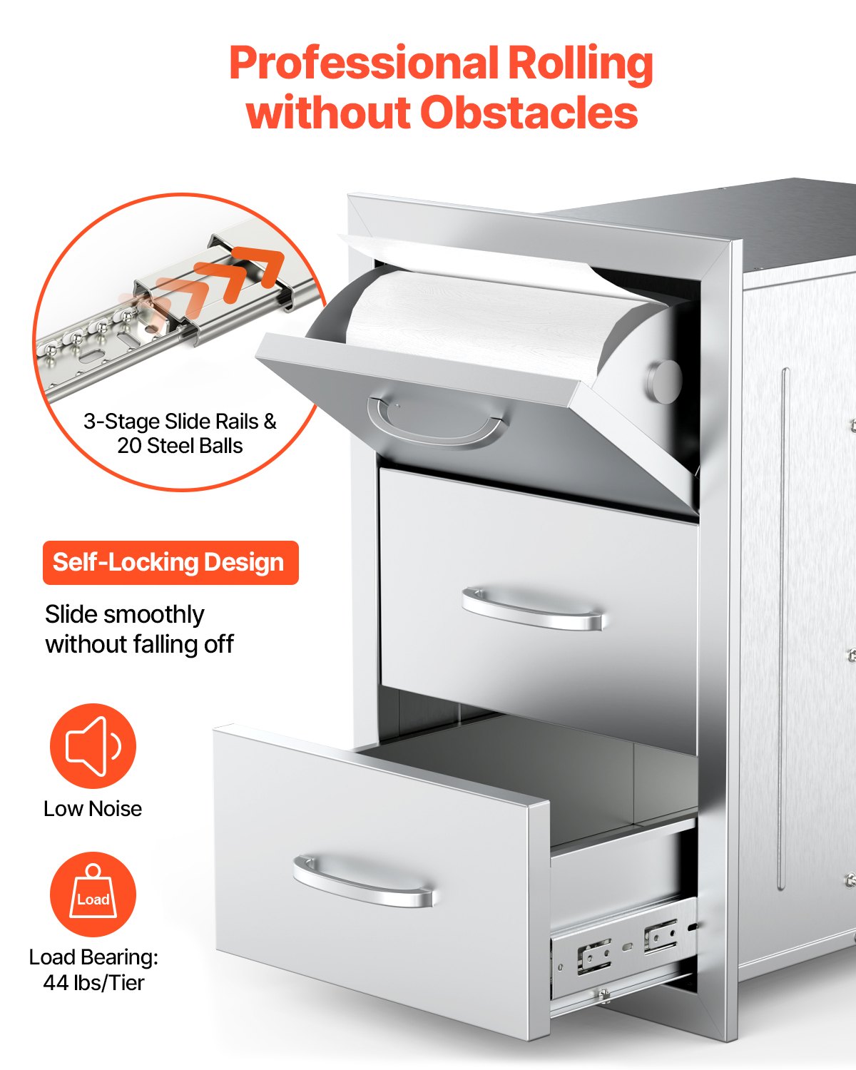 Schubladen für die Außenküche, 42 cm B x 74 cm H x 52 cm T, dreifach zugängliche Schubladen, flächenbündig eingebaute Edelstahlschränke, Schubladenaufbewahrung für Grillinseln mit Papierhandtuchhalter und Griff, für die Grillstation auf der Terrasse