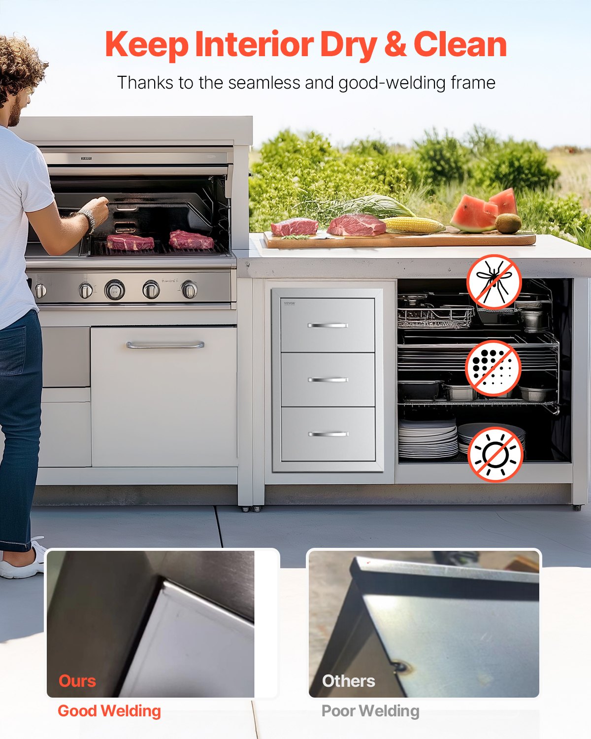 Schubladen für die Außenküche, 42 cm B x 74 cm H x 52 cm T, dreifach zugängliche Schubladen, flächenbündig eingebaute Edelstahlschränke, Schubladenaufbewahrung für Grillinseln mit Papierhandtuchhalter und Griff, für die Grillstation auf der Terrasse