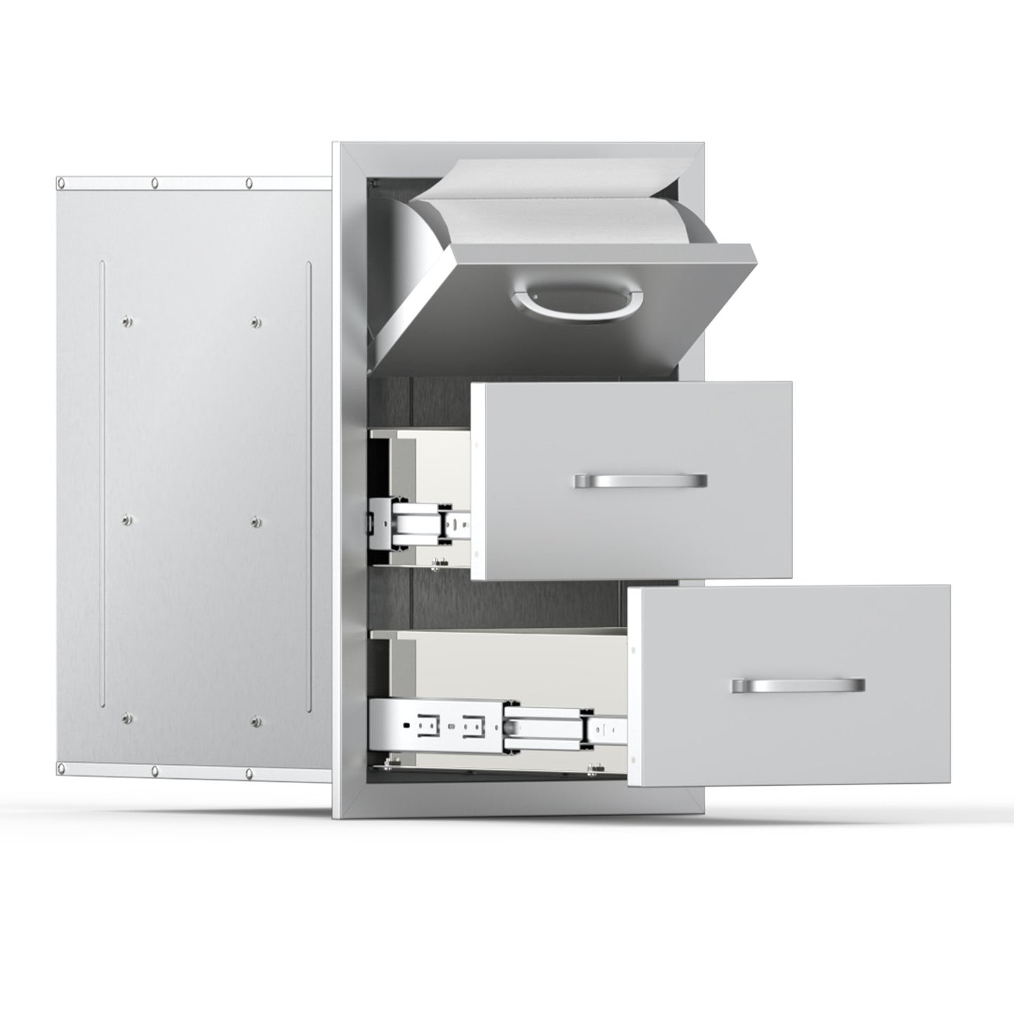 Schubladen für die Außenküche, 42 cm B x 74 cm H x 52 cm T, dreifach zugängliche Schubladen, flächenbündig eingebaute Edelstahlschränke, Schubladenaufbewahrung für Grillinseln mit Papierhandtuchhalter und Griff, für die Grillstation auf der Terrasse