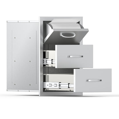 Schubladen für die Außenküche, 42 cm B x 74 cm H x 52 cm T, dreifach zugängliche Schubladen, flächenbündig eingebaute Edelstahlschränke, Schubladenaufbewahrung für Grillinseln mit Papierhandtuchhalter und Griff, für die Grillstation auf der Terrasse