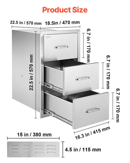 Outdoor Kitchen Drawers, 18.5"W x 22.5"H x 22.5"D Triple Access Drawers, Stainless Steel Flush Mount Cabinets, BBQ Island Drawers Storage with Handle, for Outdoor Kitchens or Patio Grill Station