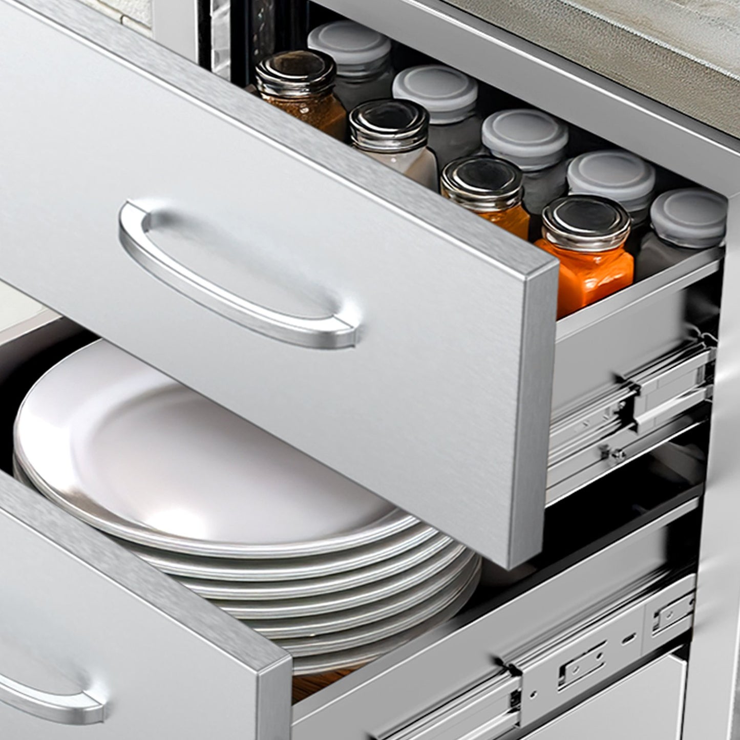 Outdoor Kitchen Drawers, 18.5"W x 22.5"H x 22.5"D Triple Access Drawers, Stainless Steel Flush Mount Cabinets, BBQ Island Drawers Storage with Handle, for Outdoor Kitchens or Patio Grill Station