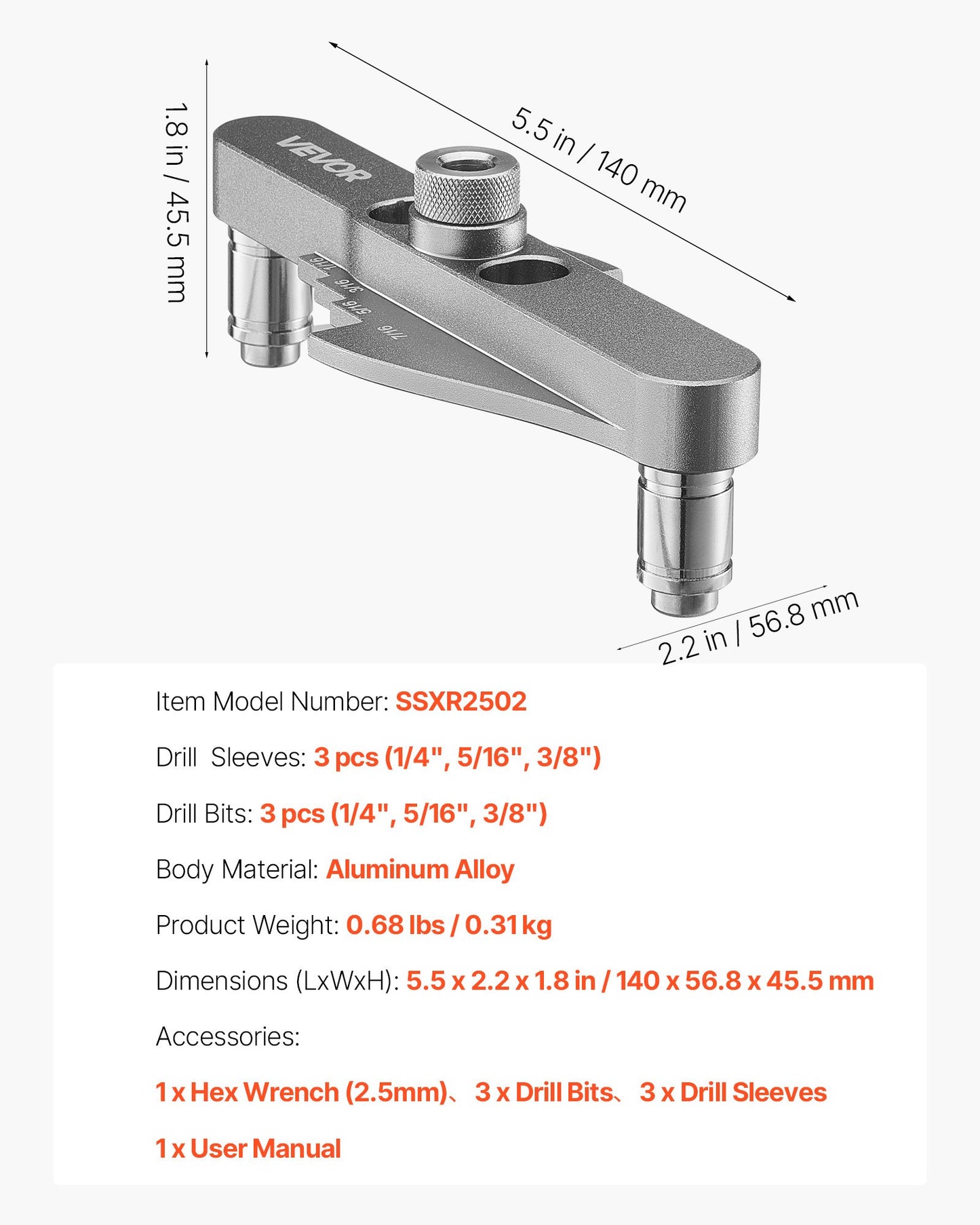 Doweling Jig Kit, Self Centering Dowel Drill Jig for Straight Holes, with Drill Bit Set 6.4 / 7.9 / 9.5 mm and Drill Bit Stop Collar Set, Aluminum Alloy Woodworking Tools for Drilling, Marking