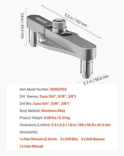 Doweling Jig Kit, Self Centering Dowel Drill Jig for Straight Holes, with Drill Bit Set 6.4 / 7.9 / 9.5 mm and Drill Bit Stop Collar Set, Aluminum Alloy Woodworking Tools for Drilling, Marking