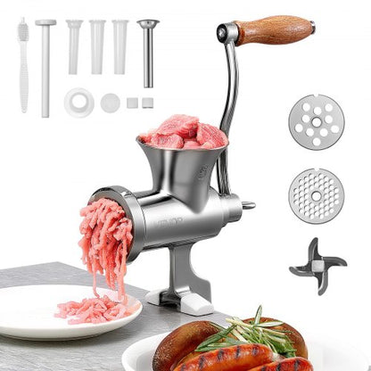 Manual Meat Grinder, 304 Stainless Steel Hand Crank Meat Mincer with Steel Table Clamp, Sausage Stuffer with 2 Cutting Plates & 4 Sausage Tubes, Food Grinder for Beef Chili Pork Kitchen Tabletop