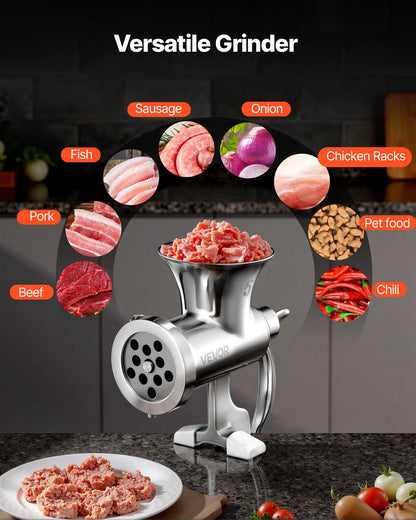 Manual Meat Grinder, 304 Stainless Steel Hand Crank Meat Mincer with Steel Table Clamp, Sausage Stuffer with 2 Cutting Plates & 4 Sausage Tubes, Food Grinder for Beef Chili Pork Kitchen Tabletop