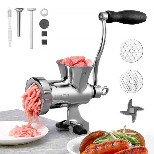 Manual Meat Grinder, 304 Stainless Steel Hand Crank Meat Mincer with Steel Table Clamp, Sausage Stuffer with 2 Cutting Plates & Sausage Tube, Food Grinder for Beef Chili Pork Kitchen Tabletop