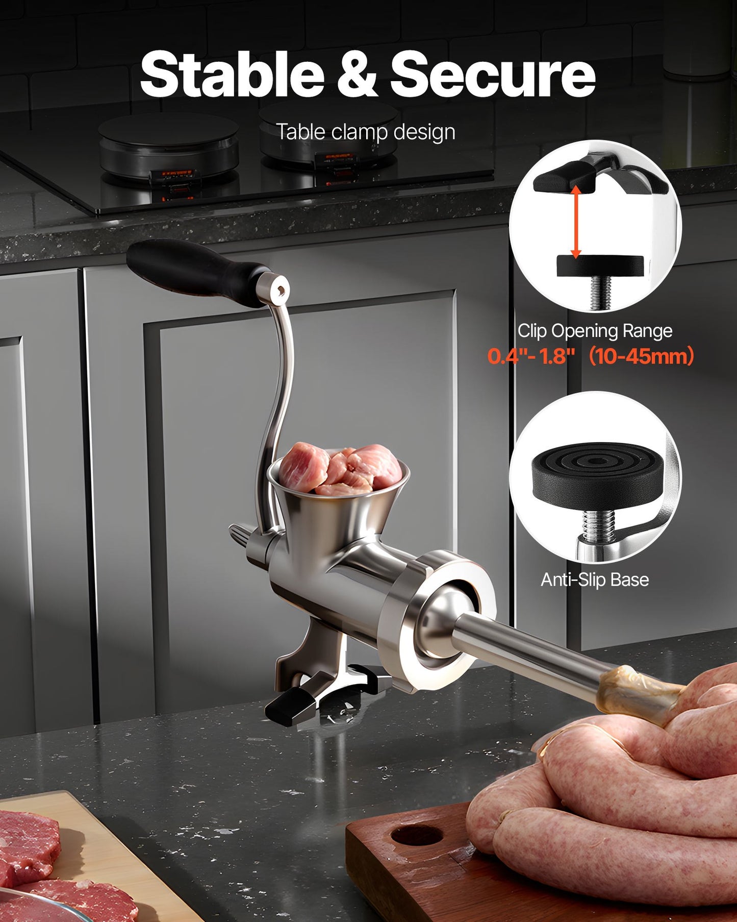 Manual Meat Grinder, 304 Stainless Steel Hand Crank Meat Mincer with Steel Table Clamp, Sausage Stuffer with 2 Cutting Plates & Sausage Tube, Food Grinder for Beef Chili Pork Kitchen Tabletop