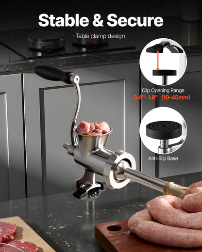 Manual Meat Grinder, 304 Stainless Steel Hand Crank Meat Mincer with Steel Table Clamp, Sausage Stuffer with 2 Cutting Plates & Sausage Tube, Food Grinder for Beef Chili Pork Kitchen Tabletop