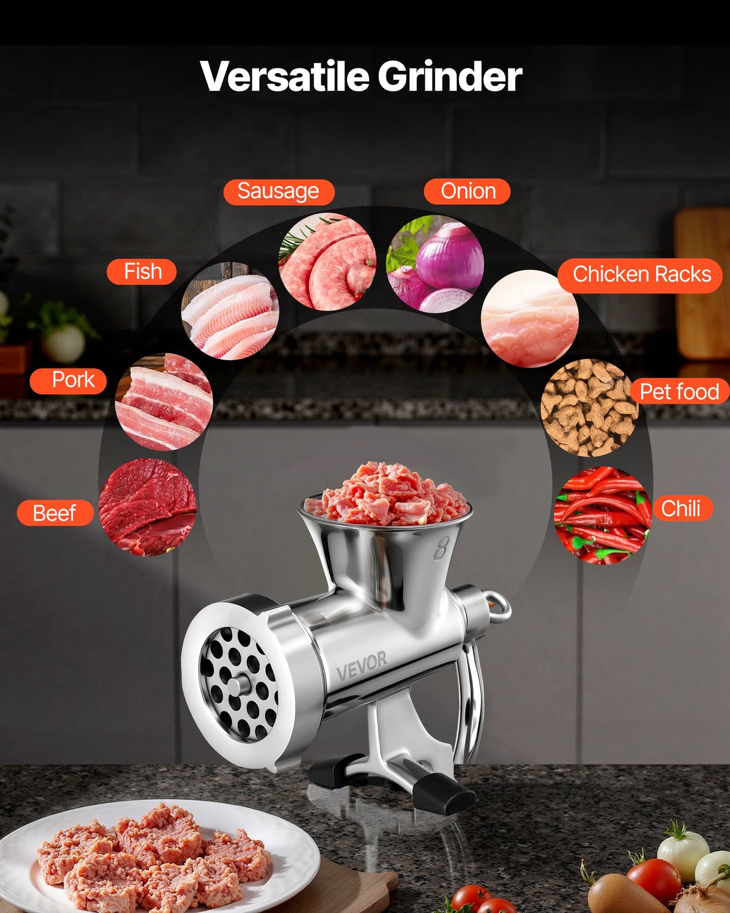 Manual Meat Grinder, 304 Stainless Steel Hand Crank Meat Mincer with Steel Table Clamp, Sausage Stuffer with 2 Cutting Plates & Sausage Tube, Food Grinder for Beef Chili Pork Kitchen Tabletop