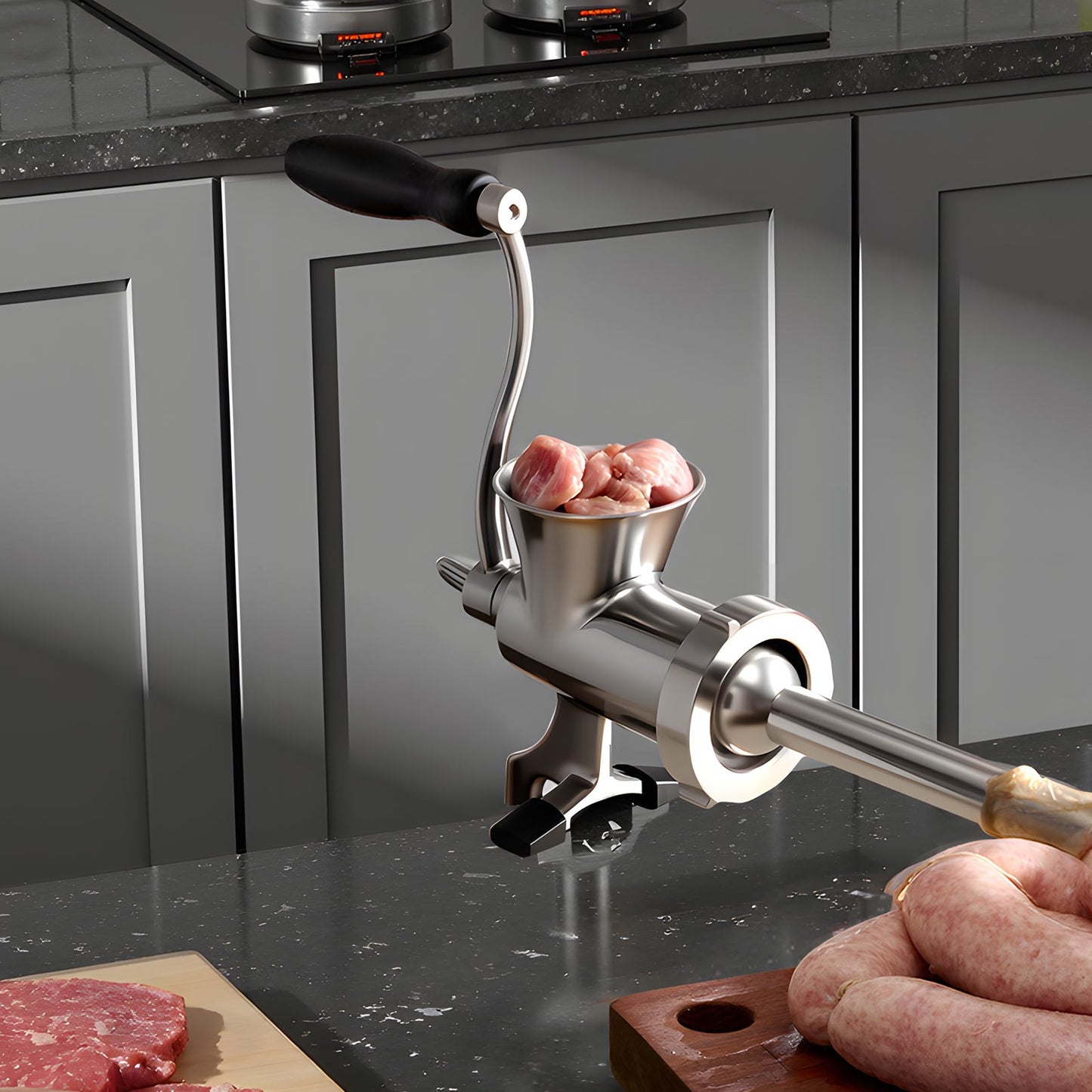 Manual Meat Grinder, 304 Stainless Steel Hand Crank Meat Mincer with Steel Table Clamp, Sausage Stuffer with 2 Cutting Plates & Sausage Tube, Food Grinder for Beef Chili Pork Kitchen Tabletop