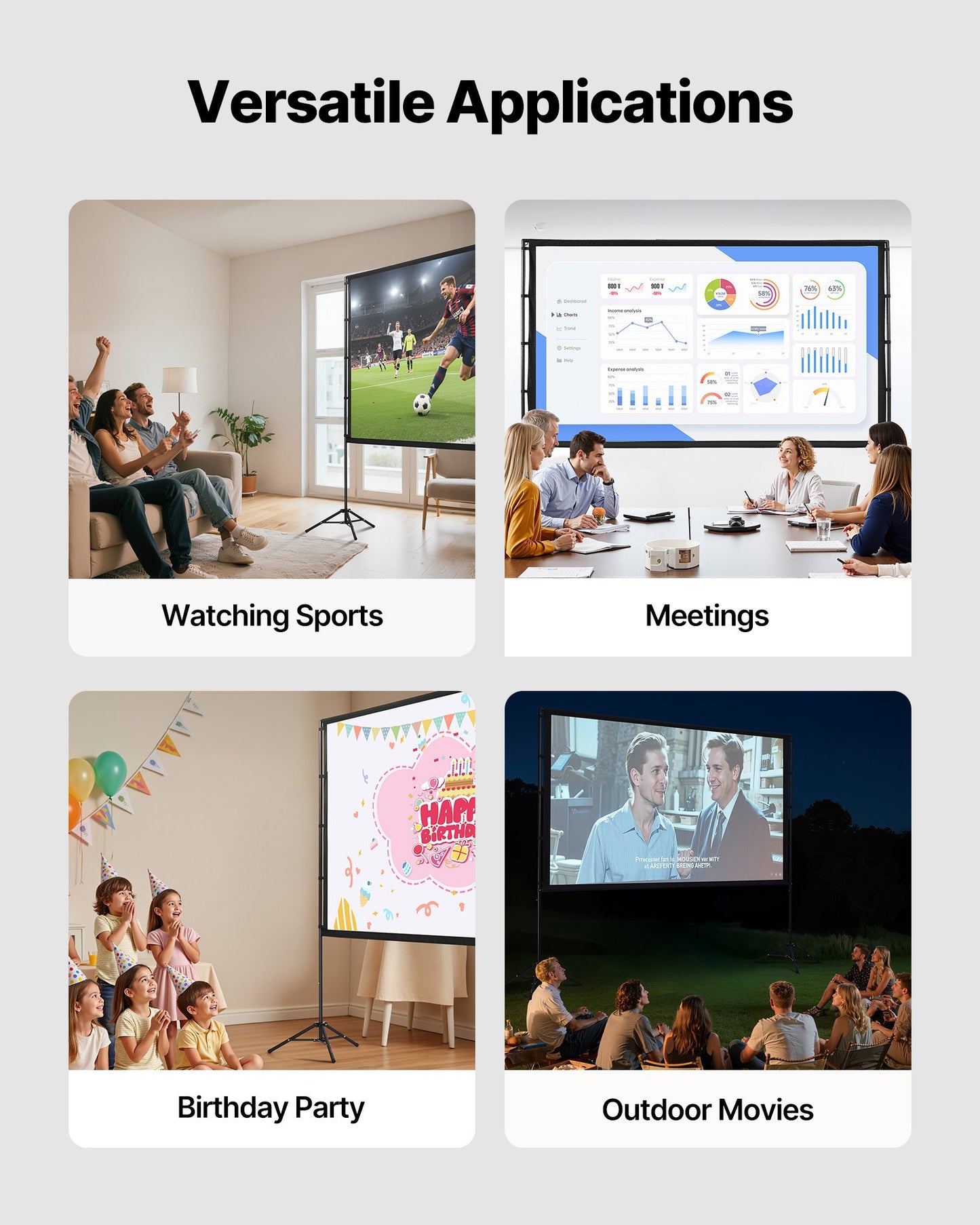 Projector Screen with Stand, 100 Inch 160° Wide Angle Indoor Outdoor Projection Screen, 16:9 4K HD Wrinkleless Portable Dual-Tripod Screens with Carry Bag, for Movie Home Theater Presentation