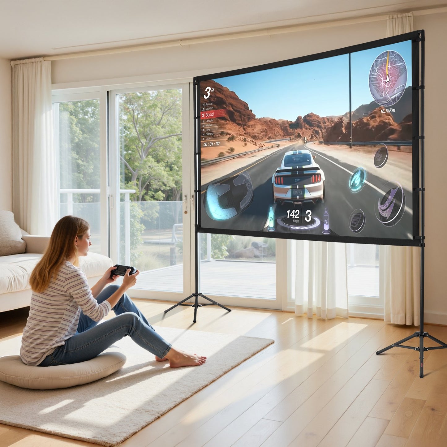 Projector Screen with Stand, 100 Inch 160° Wide Angle Indoor Outdoor Projection Screen, 16:9 4K HD Wrinkleless Portable Dual-Tripod Screens with Carry Bag, for Movie Home Theater Presentation