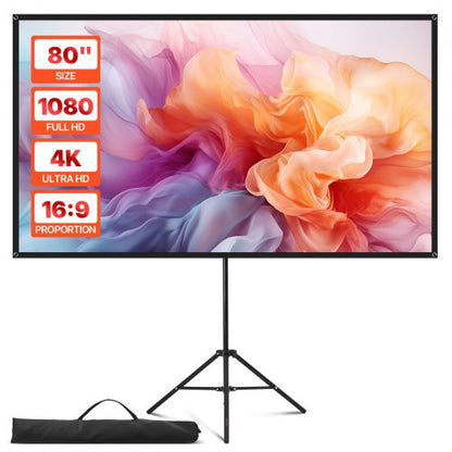 Projector Screen with Stand, 80 Inch 160° Wide Angle Indoor Outdoor Projection Screen, 16:9 4K HD Wrinkleless Portable Tripod Screens with Carry Bag, for Movie Home Theater Office Presentation