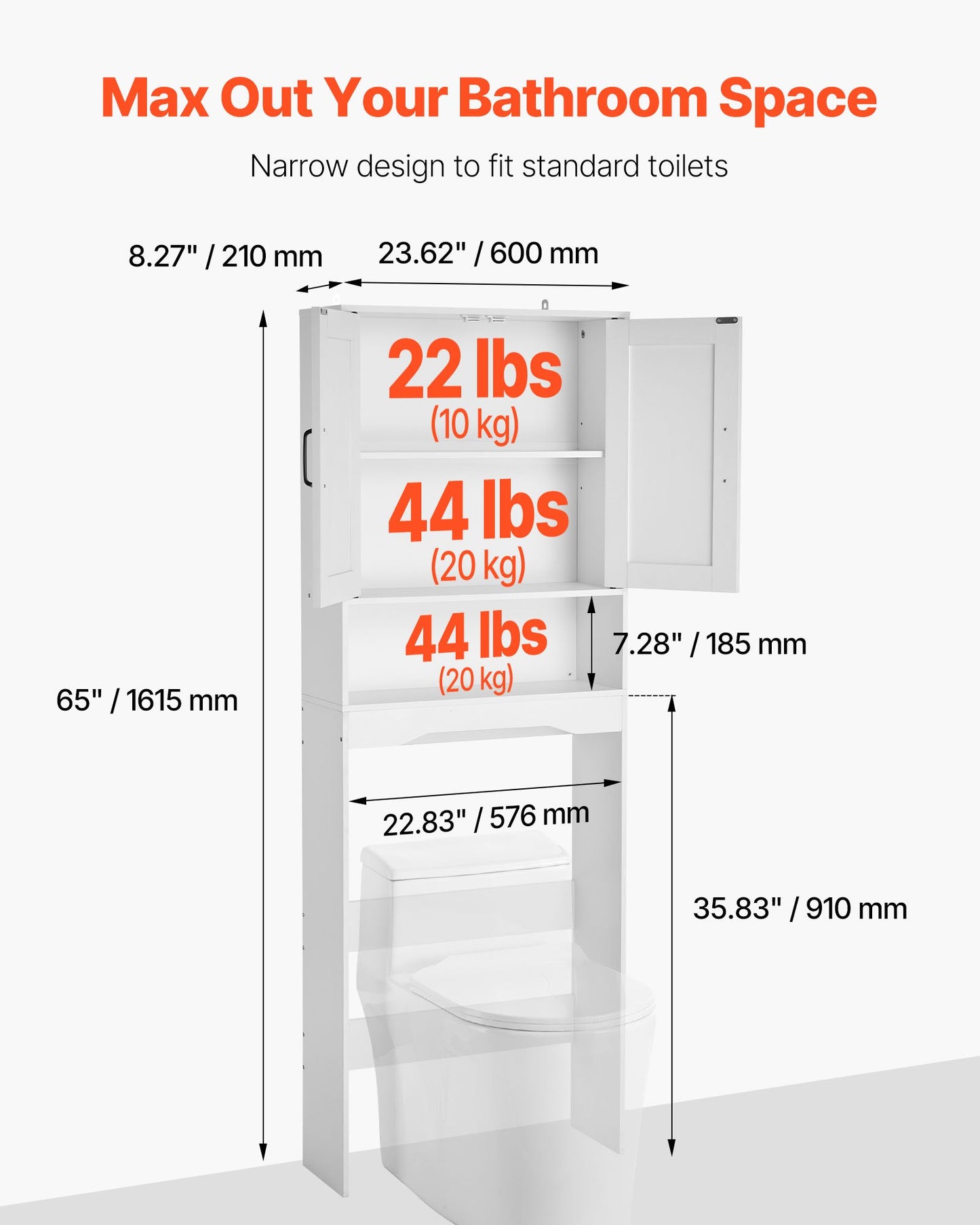 Over The Toilet Storage Cabinet, 165.1 cm Height Bathroom Storage Organizer with Double Door and Adjustable Shelf, Bathroom Space Saver Organizer Above Toilet with Open Shelf, White