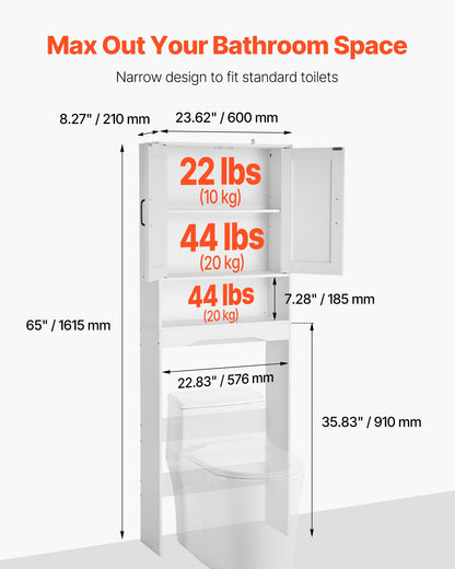 Over The Toilet Storage Cabinet, 165.1 cm Height Bathroom Storage Organizer with Double Door and Adjustable Shelf, Bathroom Space Saver Organizer Above Toilet with Open Shelf, White