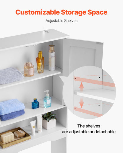 Over The Toilet Storage Cabinet, 165.1 cm Height Bathroom Storage Organizer with Double Door and Adjustable Shelf, Bathroom Space Saver Organizer Above Toilet with Open Shelf, White